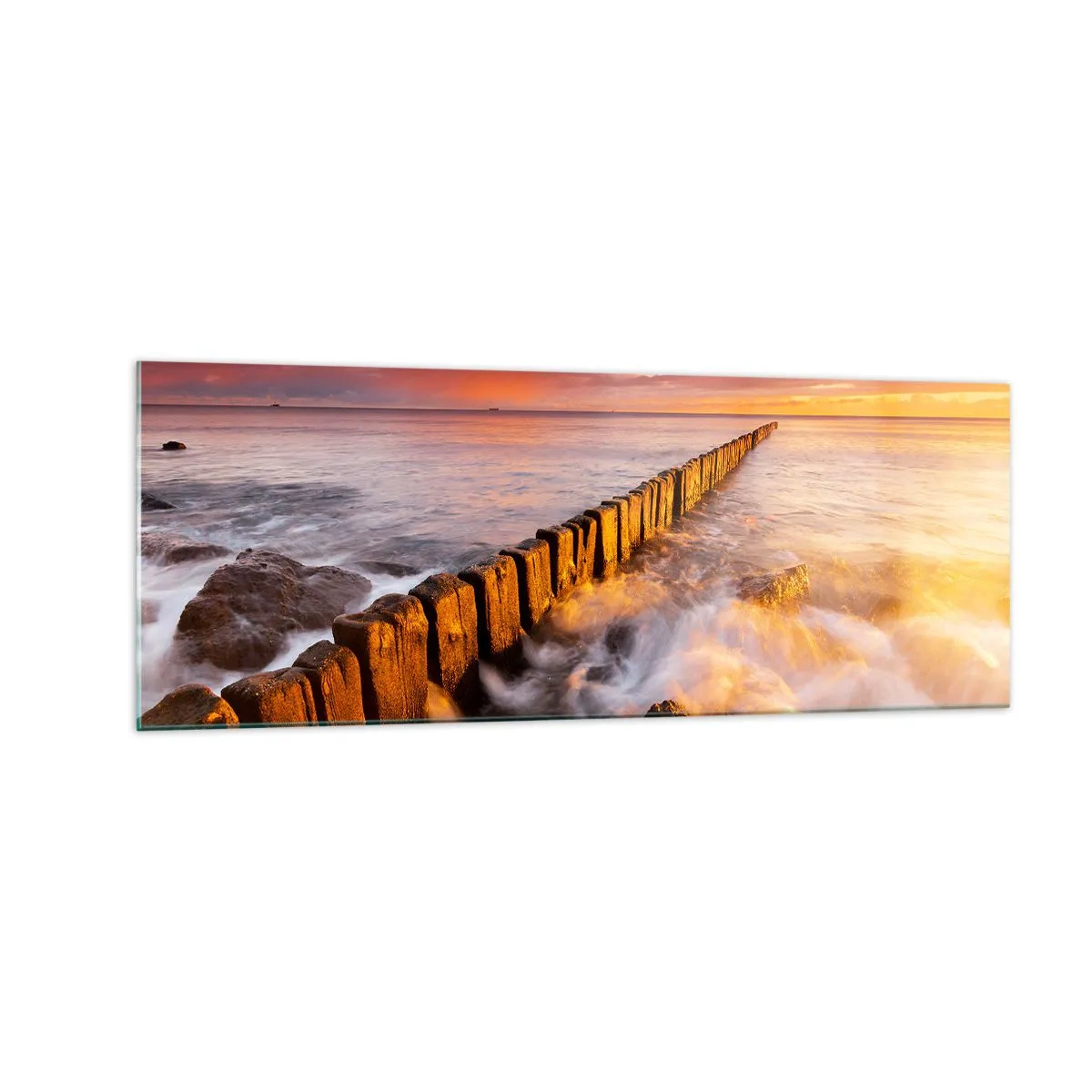 Quadro su vetro - Un paesaggio pittoresco in riva al mare al tramonto - 140x50cm - La mitezza delle onde - Decorazione murale moderna per soggiorno e camera da letto ARTTOR