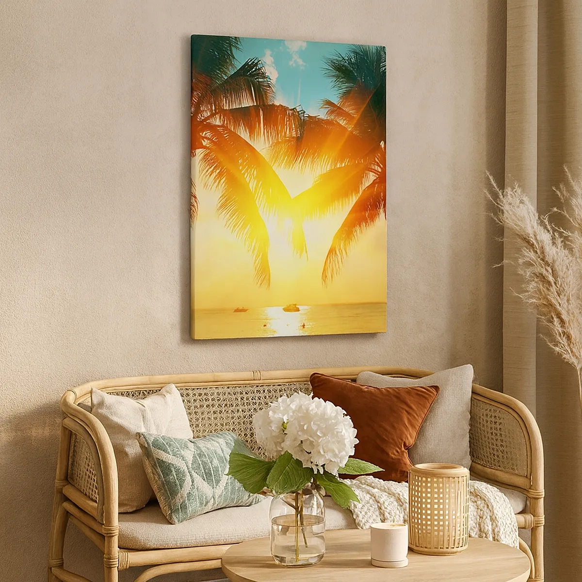 Quadro su tela - Stampe su Tela - Palme illuminate dalla calda luce del sole al tramonto - 50x70cm - Coppia esotica - Decorazione murale moderna per soggiorno e camera da letto ARTTOR