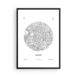 Poster in cornice nera - Una mappa minimalista di Madrid in bianco e nero. - 50x70cm - Anatomia di Madrid - Decorazione murale moderna per soggiorno e camera da letto ARTTOR
