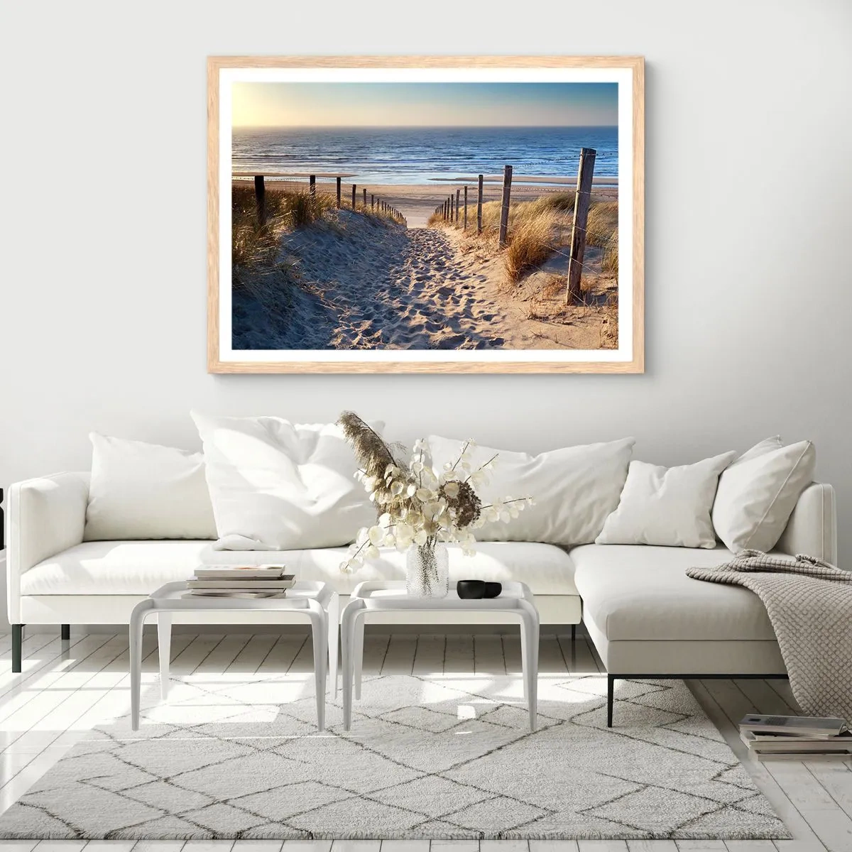Poster in cornice rovere chiaro - Rumore del mare, uccelli che cantano, spiaggia selvatica tra i cespugli... - 50x40 cm