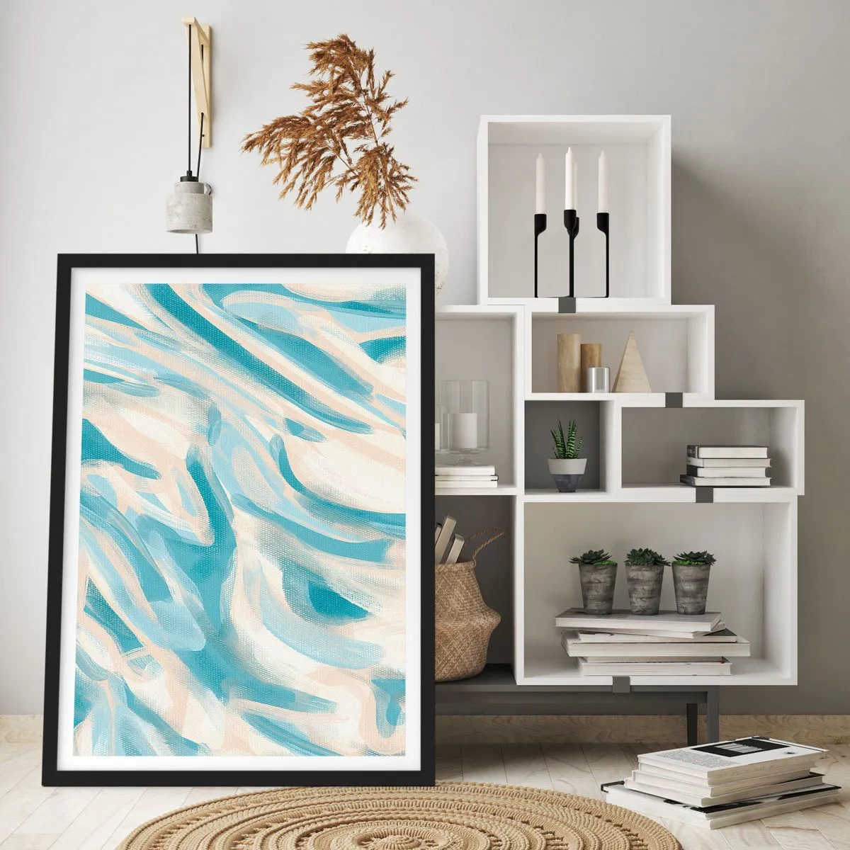 Poster in cornice nera - Onde astratte nelle tonalità del blu e del beige - 50x70cm - Brezze primaverili - Decorazione murale moderna per soggiorno e camera da letto ARTTOR