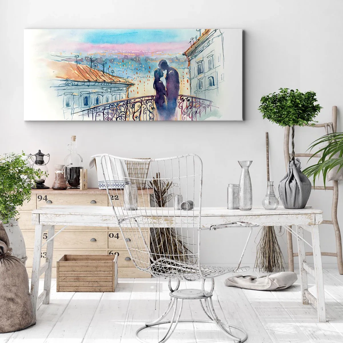 Quadro su tela - Stampe su Tela - Coppia romantica su un balcone con vista sulla città - 140x50cm - Amanti parigini - Decorazione murale moderna per soggiorno e camera da letto ARTTOR