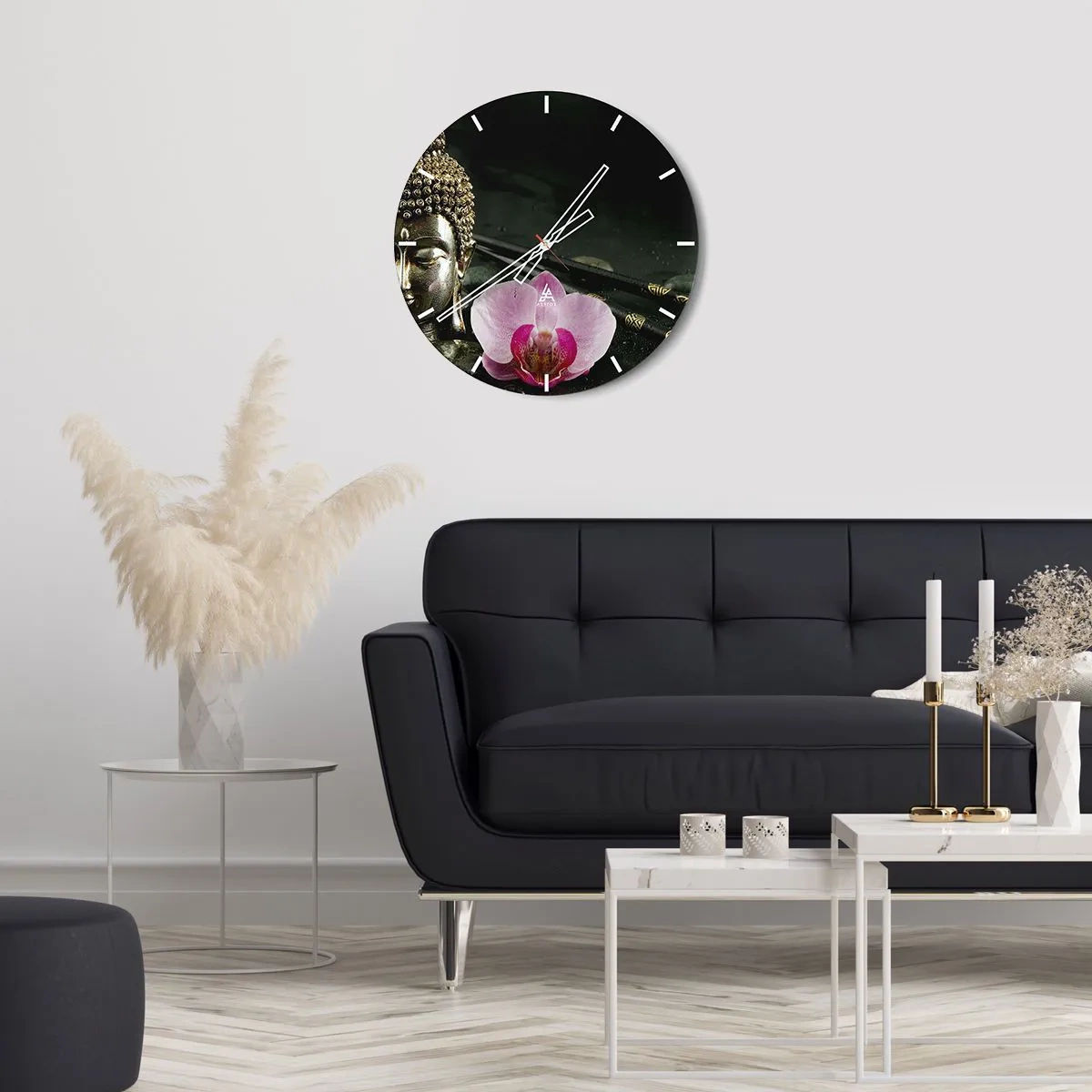 Orologio da parete - Orologio in Vetro - Figura di Buddha con un'orchidea in stile orientale - 30x30cm - Armonia di saggezza e bellezza - Decorazione murale moderna per soggiorno, cucina e camera da letto ARTTOR