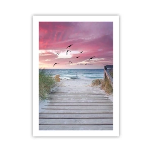 Poster - Sentiero in legno sulla spiaggia con vista sul mare al tramonto - 50x70cm - Impressioni baltiche - Decorazione murale moderna per soggiorno e camera da letto ARTTOR