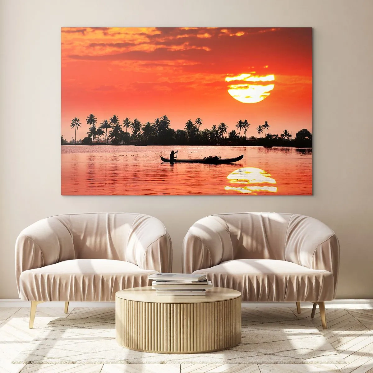 Quadro su vetro - Tramonto sul fiume con palme e una barca - 120x80cm - La calma dei tropici al tramonto - Decorazione murale moderna per soggiorno e camera da letto ARTTOR