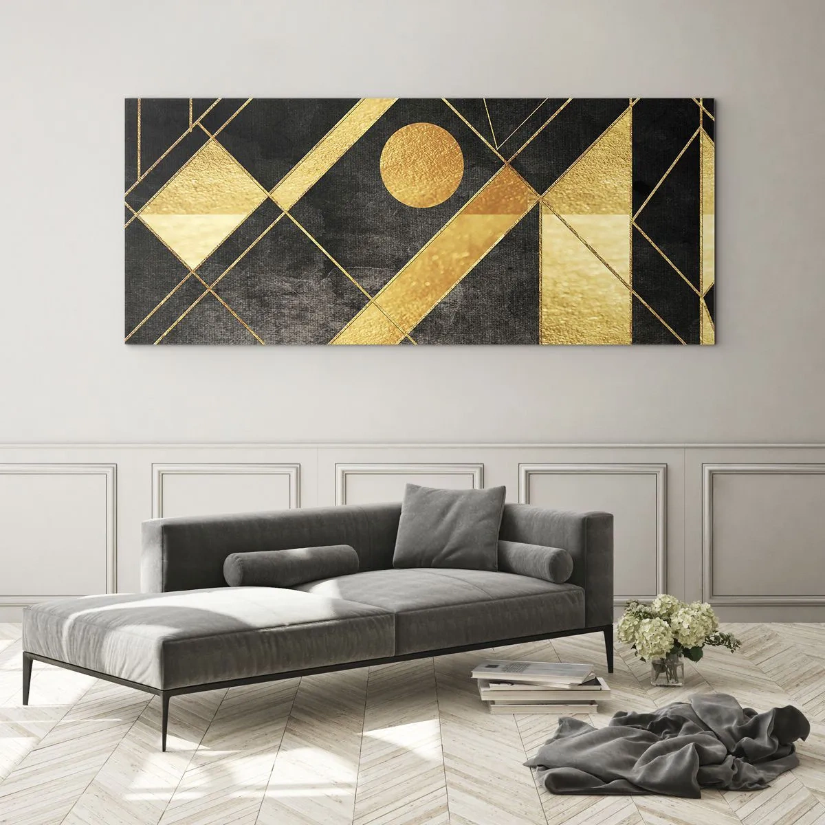 Quadro su vetro - Forme geometriche nei toni dell'oro e del nero - 120x50cm - Sole del deserto - Decorazione murale moderna per soggiorno e camera da letto ARTTOR