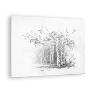 Quadro su vetro - Schizzo di una foresta di betulle in toni monocromatici - 70x50cm - La luce della foresta di betulle - Decorazione murale moderna per soggiorno e camera da letto ARTTOR