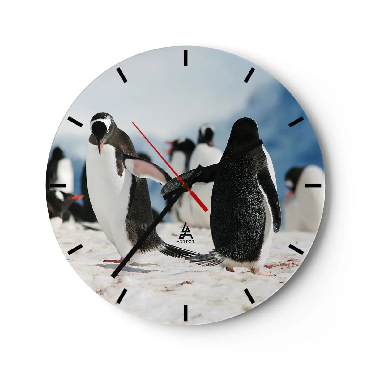 Orologio da parete - Orologio in Vetro - Pinguini nella neve in un paesaggio artico - 30x30cm - Danza sulla neve - Decorazione murale moderna per soggiorno, cucina e camera da letto ARTTOR