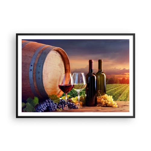 Poster in cornice nera - Vino, bicchieri e una botte in un paesaggio pittoresco - 100x70cm - Qui la vita ha gusto - Decorazione murale moderna per soggiorno e camera da letto ARTTOR