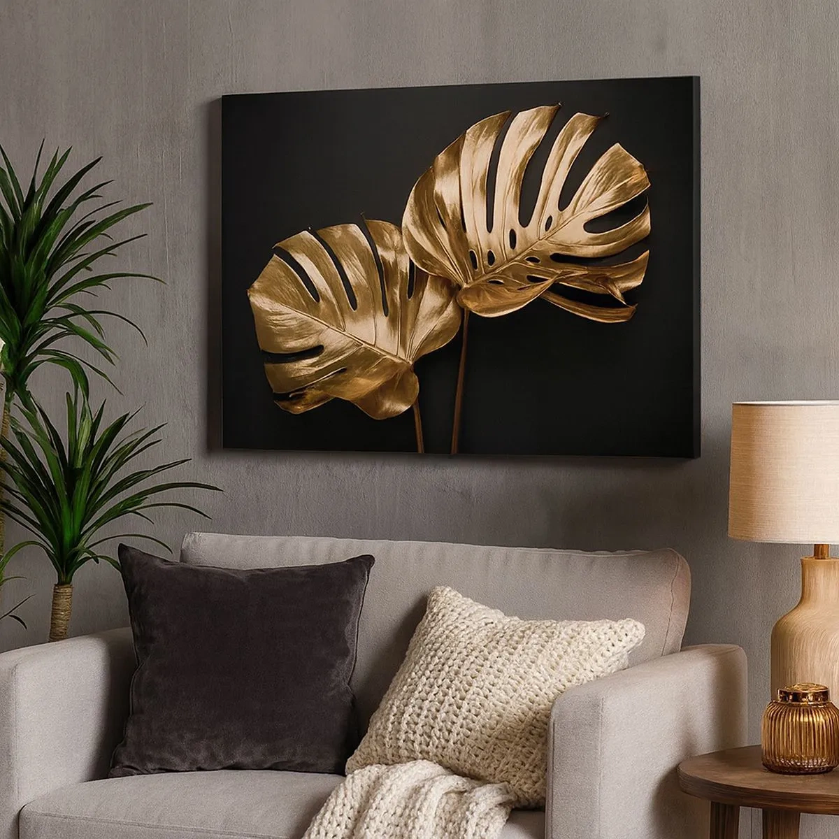 Quadro su tela - Stampe su Tela - Foglie di monstera dorate su sfondo nero - 70x50cm - I tesori della natura - Decorazione murale moderna per soggiorno e camera da letto ARTTOR