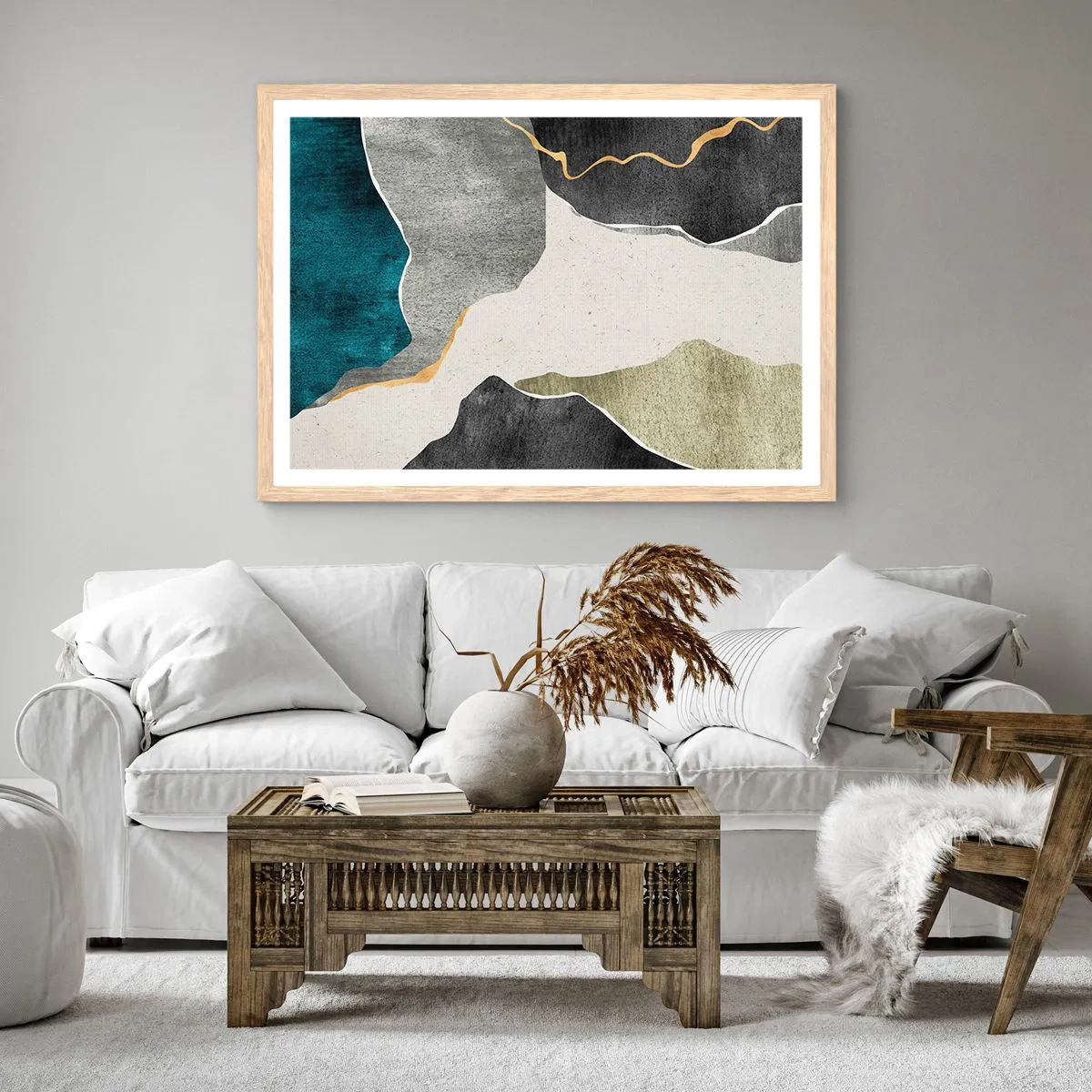 Poster in cornice rovere chiaro - Composizione mosaico con filo d'oro - 100x70 cm