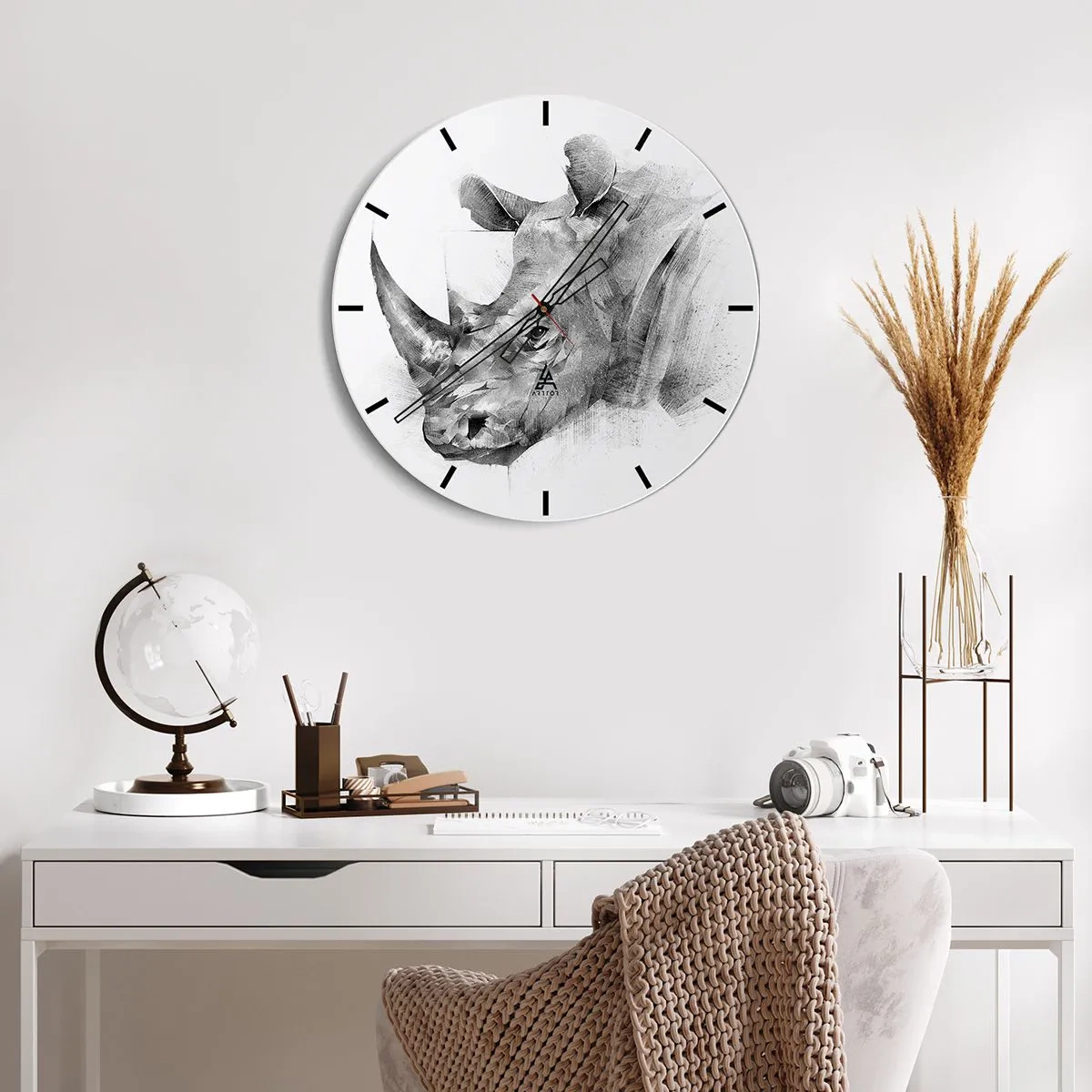 Orologio da parete - Orologio in Vetro - Ritratto in stile schizzo di un rinoceronte - 30x30cm - Ritratto africano - Decorazione murale moderna per soggiorno, cucina e camera da letto ARTTOR