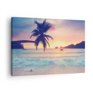 Quadro su tela - Stampe su Tela - Spiaggia con una palma e un tramonto sull'oceano - 70x50cm - Sera nell'insenatura - Decorazione murale moderna per soggiorno e camera da letto ARTTOR