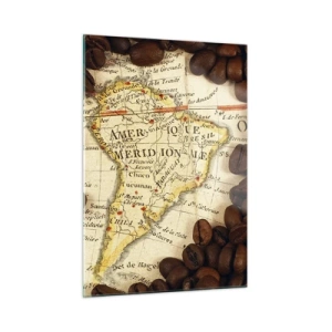 Quadro su vetro - Una mappa del Sud America circondata da chicchi di caffè. - 50x70cm - Da dove viene il miglior caffè? - Decorazione murale moderna per soggiorno e camera da letto ARTTOR