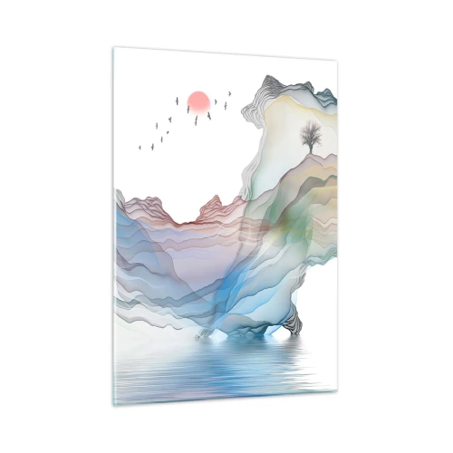 Quadro su vetro - Montagne colorate con una barca sull'acqua in stile acquerello - 50x70cm - Verso i monti di cristallo - Decorazione murale moderna per soggiorno e camera da letto ARTTOR
