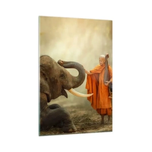 Quadro su vetro - Un monaco e un elefante in armonia sullo sfondo della natura - 80x120cm - Incontro nel viaggio - Decorazione murale moderna per soggiorno e camera da letto ARTTOR