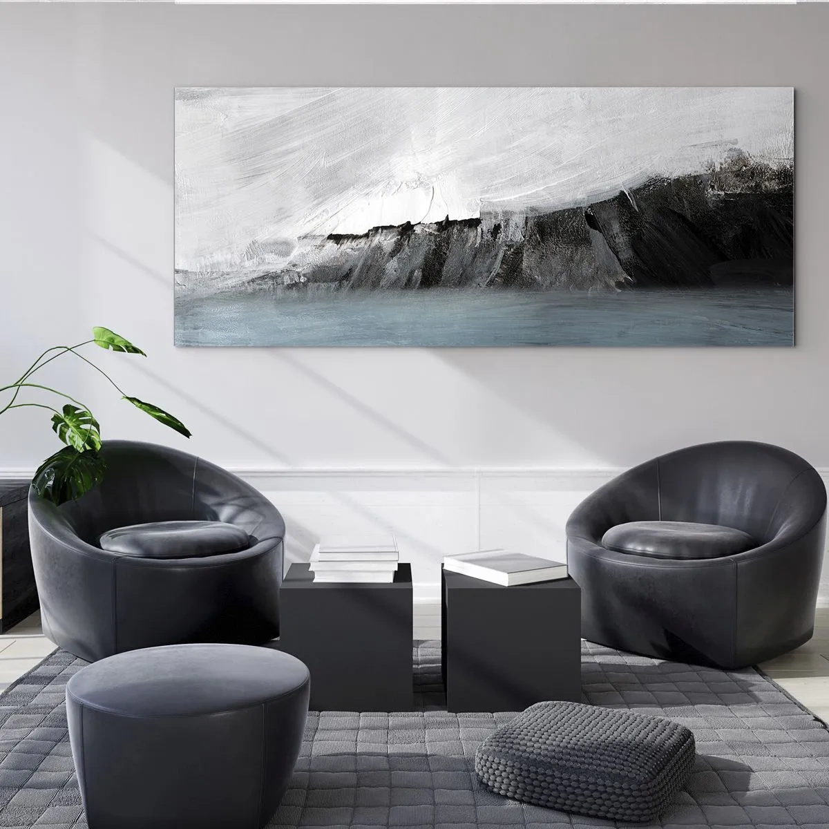 Quadro su vetro - Paesaggio astratto con acqua e una costa rocciosa - 160x50cm - Acqua-terra: lo scontro degli elementi - Decorazione murale moderna per soggiorno e camera da letto ARTTOR