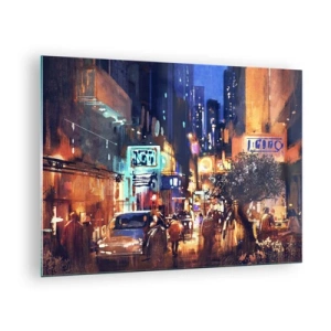 Quadro su vetro - Pittoresca scena notturna della città con luci al neon e traffico stradale - 70x50cm - Ma la città non dorme - Decorazione murale moderna per soggiorno e camera da letto ARTTOR