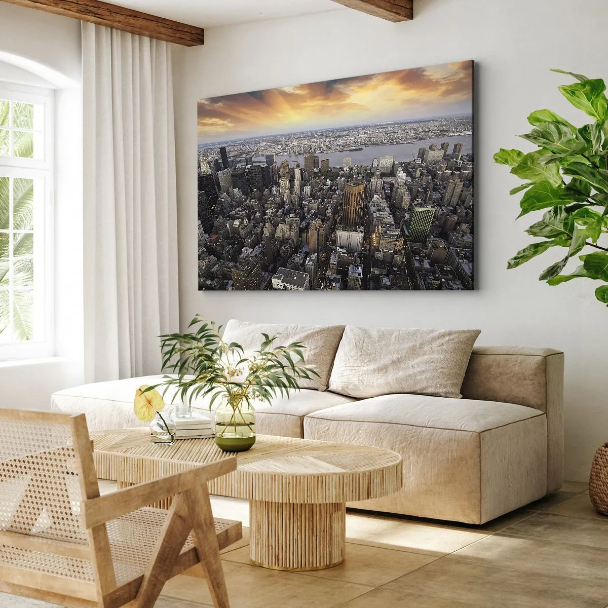 Quadro su tela - Stampe su Tela - Vista della metropoli con il sole al tramonto - 120x80cm - Il cuore pulsante dei nostri tempi - Decorazione murale moderna per soggiorno e camera da letto ARTTOR