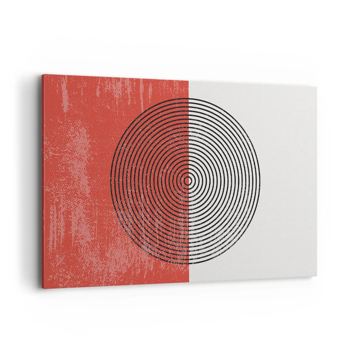 Quadro su tela - Stampe su Tela - Motivo geometrico con cerchi concentrici su sfondo rosso e bianco - 120x80cm - Dritto al centro - Decorazione murale moderna per soggiorno e camera da letto ARTTOR