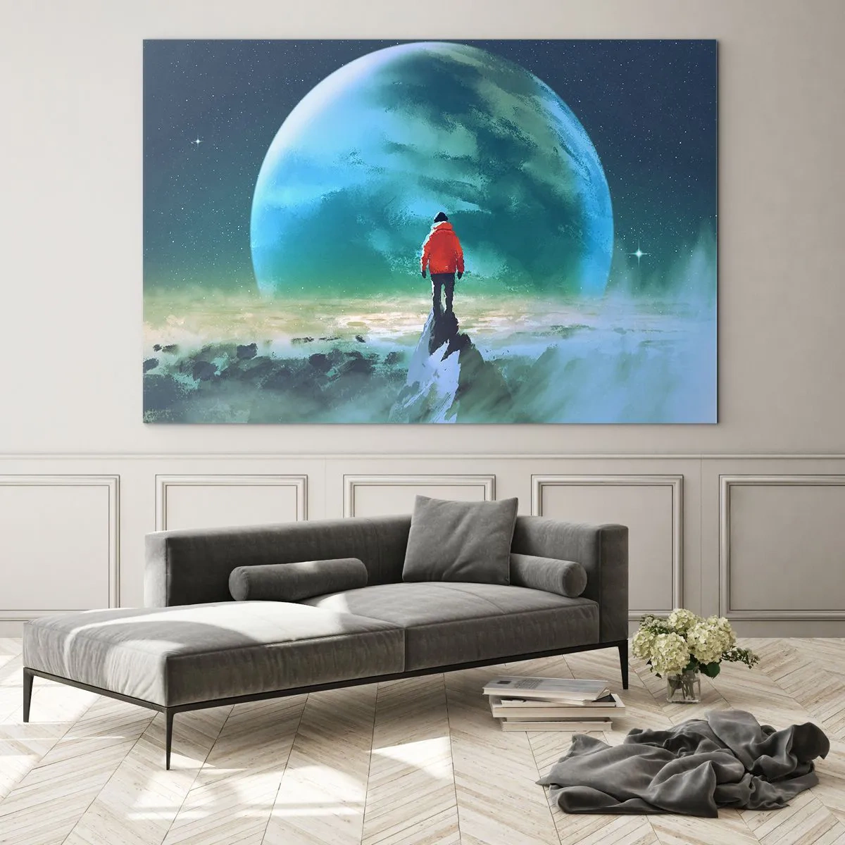 Quadro su vetro - Una figura con una giacca rossa sullo sfondo di un enorme pianeta e stelle - 120x80cm - Scopritore di una nuova terra - Decorazione murale moderna per soggiorno e camera da letto ARTTOR