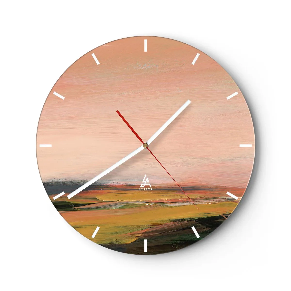 Orologio da parete - Orologio in Vetro - Un paesaggio dipinto nei toni del rosa, dell'arancione e del verde - 30x30cm - In tonalità di rosa - Decorazione murale moderna per soggiorno, cucina e camera da letto ARTTOR