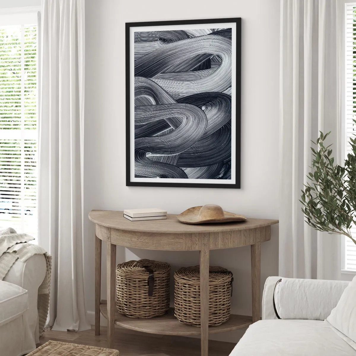 Poster in cornice nera - Linee astratte in bianco e nero in una trama armoniosa - 50x70cm - La fluidità della realtà - Decorazione murale moderna per soggiorno e camera da letto ARTTOR
