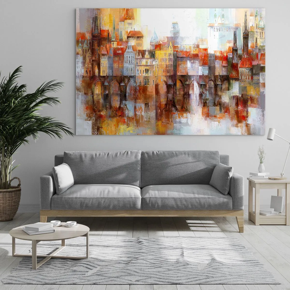 Quadro su vetro - Panorama colorato della città con un ponte e un riflesso nell'acqua - 70x50cm - Anche sotto il ponte è bello - Decorazione murale moderna per soggiorno e camera da letto ARTTOR