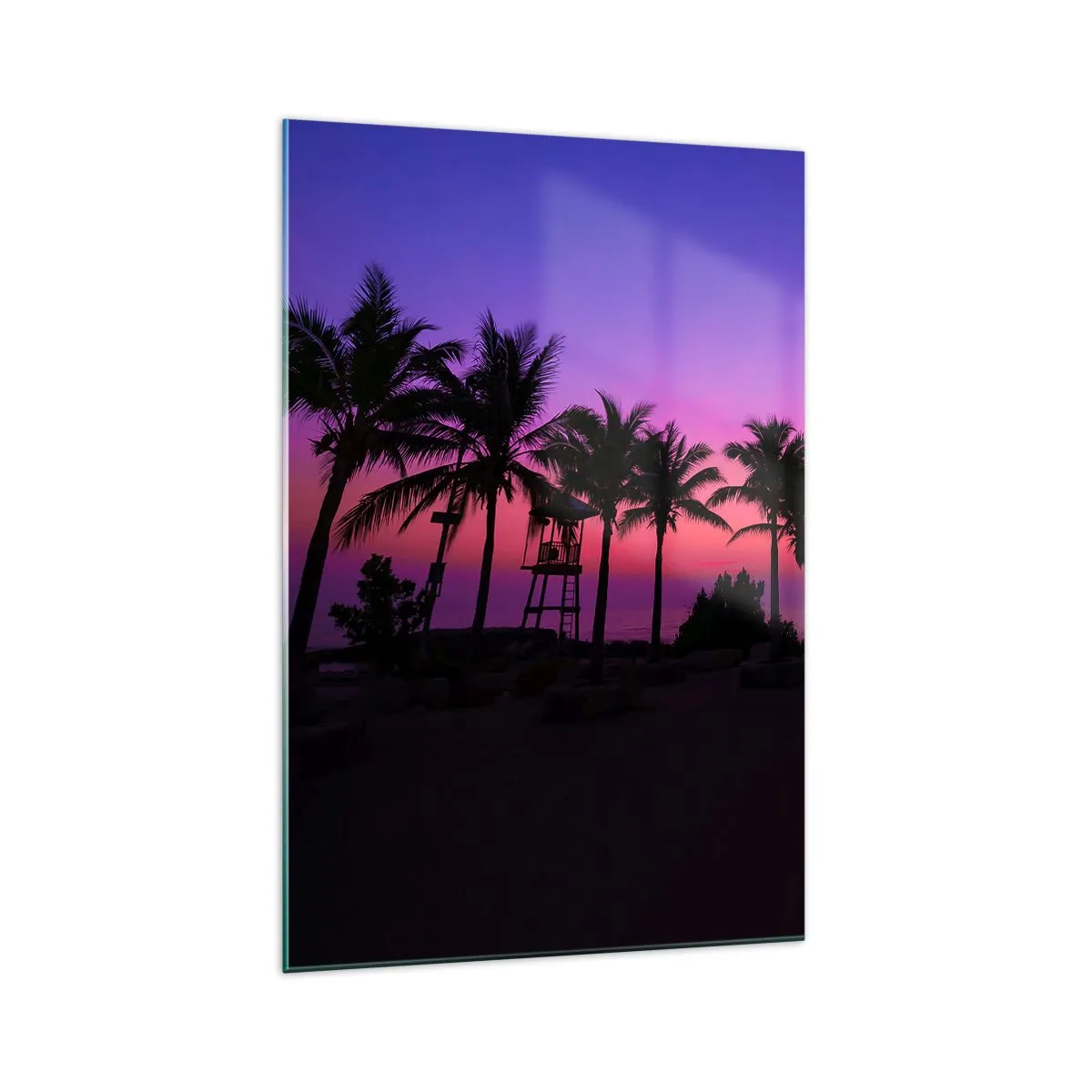 Quadro su vetro - Silhouette di palme contro un cielo al tramonto rosa-viola - 70x100cm - Sera sotto le palme - Decorazione murale moderna per soggiorno e camera da letto ARTTOR