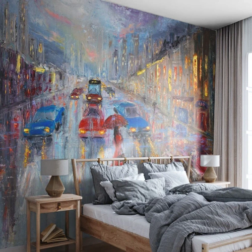 Fotomurali Premium Canvas - Pomeriggio di pioggia in città - Città, Architettura, Camminare sotto la pioggia - 150x105 cm