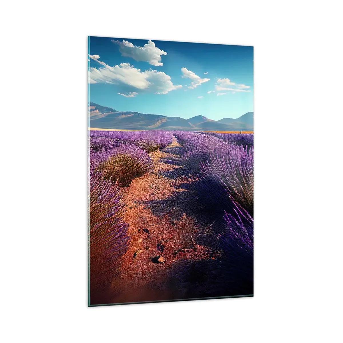 Quadro su vetro - Un campo di lavanda con vista sulle montagne e sul cielo azzurro - 80x120cm - Campi profumati - Decorazione murale moderna per soggiorno e camera da letto ARTTOR