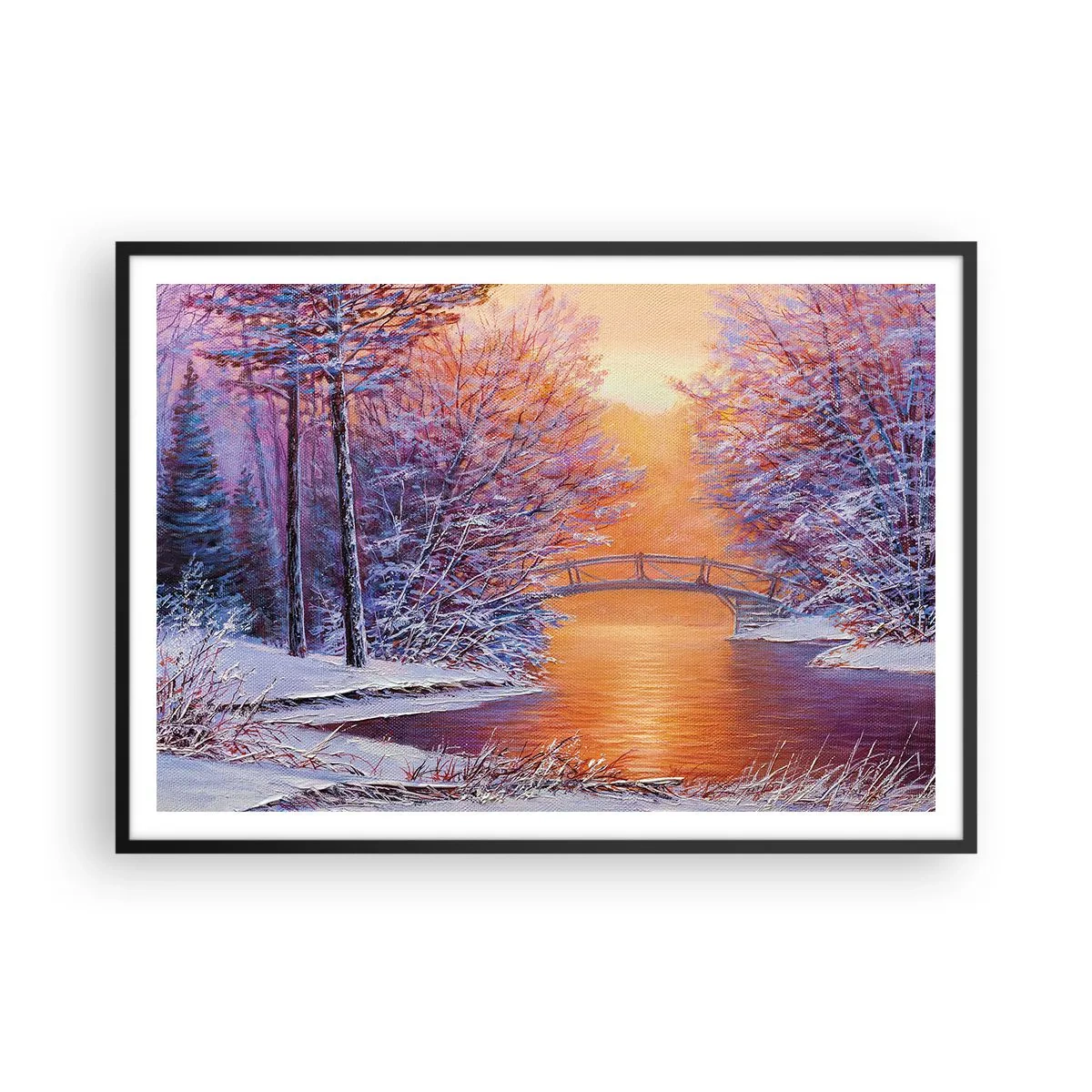 Poster in cornice nera - Paesaggio invernale con ponte e tramonto - 100x70cm - Incontriamoci qui - Decorazione murale moderna per soggiorno e camera da letto ARTTOR
