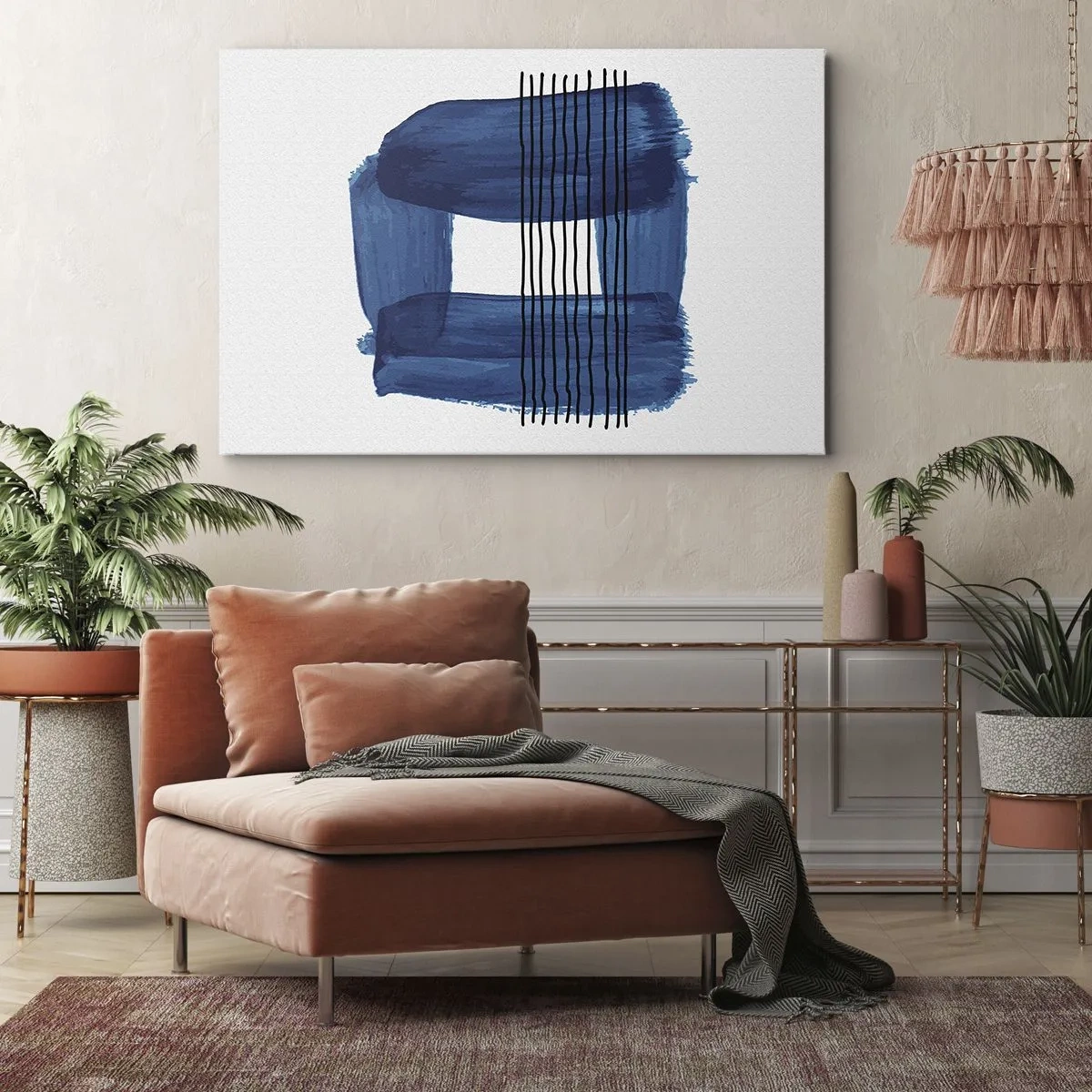Quadro su tela - Stampe su Tela - Motivo astratto nei toni del blu con linee nere - 70x50cm - Composizione blu e nera - Decorazione murale moderna per soggiorno e camera da letto ARTTOR