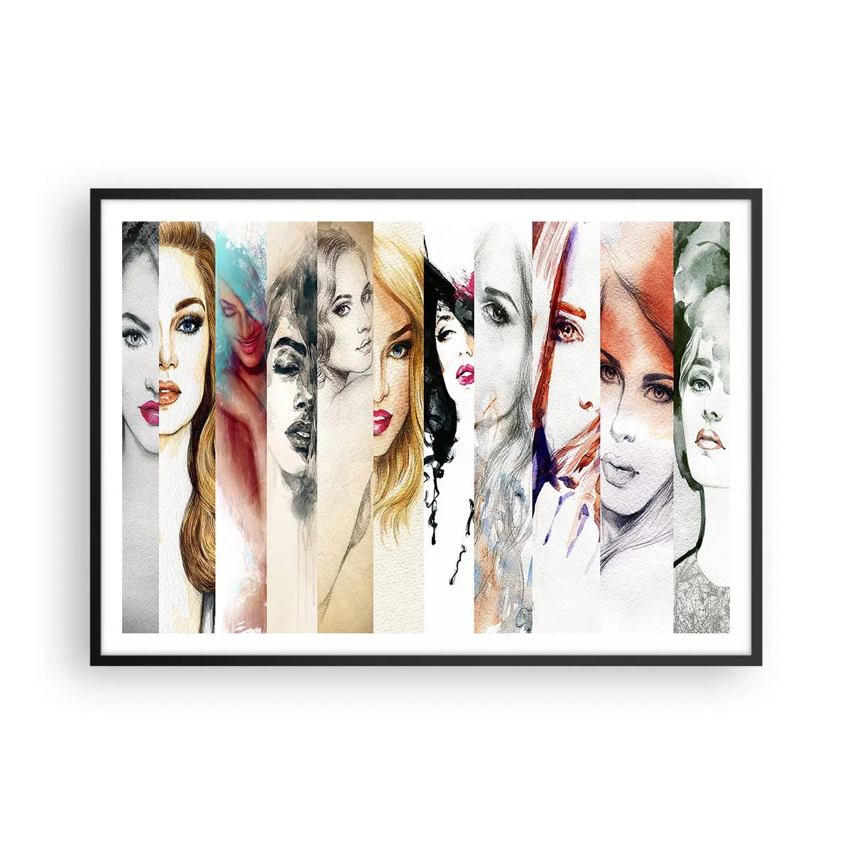 Poster in cornice nera - Una raccolta di ritratti di donne in vari stili artistici. - 100x70cm - E sei sempre tu - Decorazione murale moderna per soggiorno e camera da letto ARTTOR