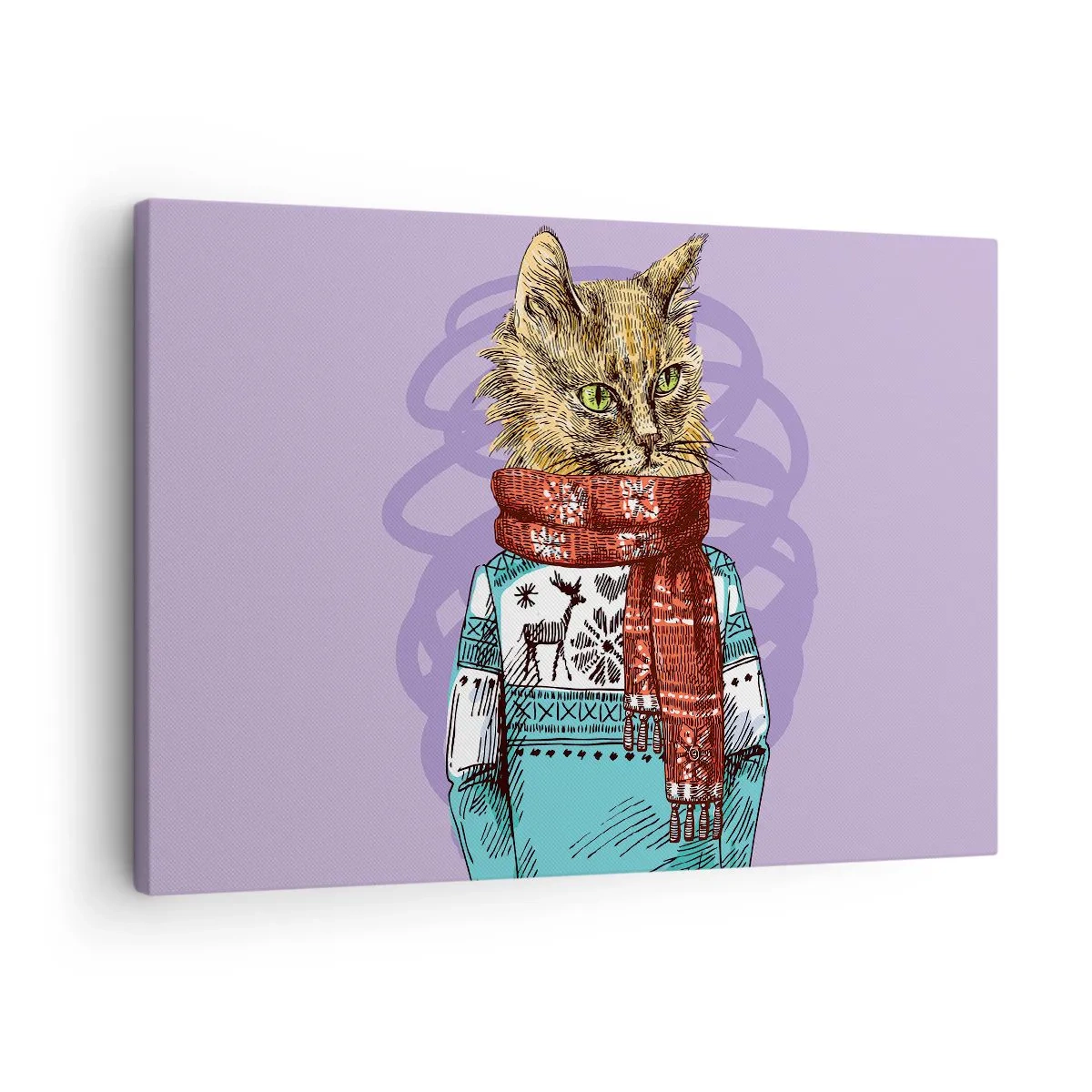 Quadro su tela - Stampe su Tela - Un gatto con un maglione e una sciarpa su uno sfondo viola - 70x50cm - Un gatto non solo con gli stivali - Decorazione murale moderna per soggiorno e camera da letto ARTTOR