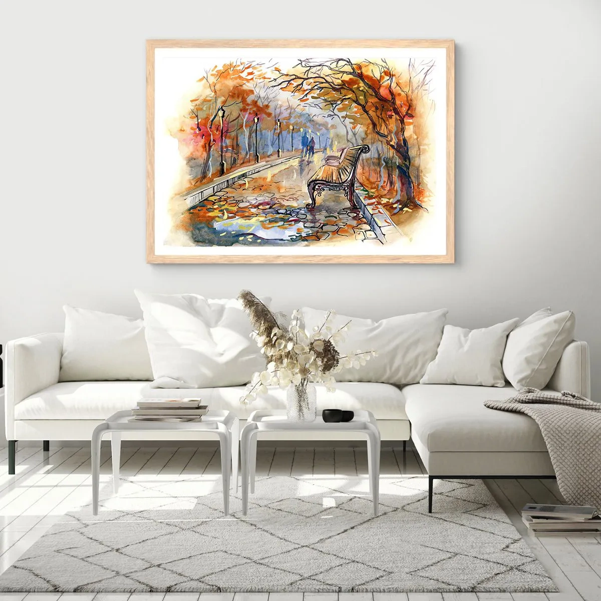 Poster in cornice rovere chiaro - Passeggiando insieme l'autunno - 100x70 cm
