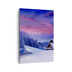 Quadro su tela - Stampe su Tela - Paesaggio invernale con baite di montagna al tramonto - 70x100cm - Notte silenziosa - Decorazione murale moderna per soggiorno e camera da letto ARTTOR