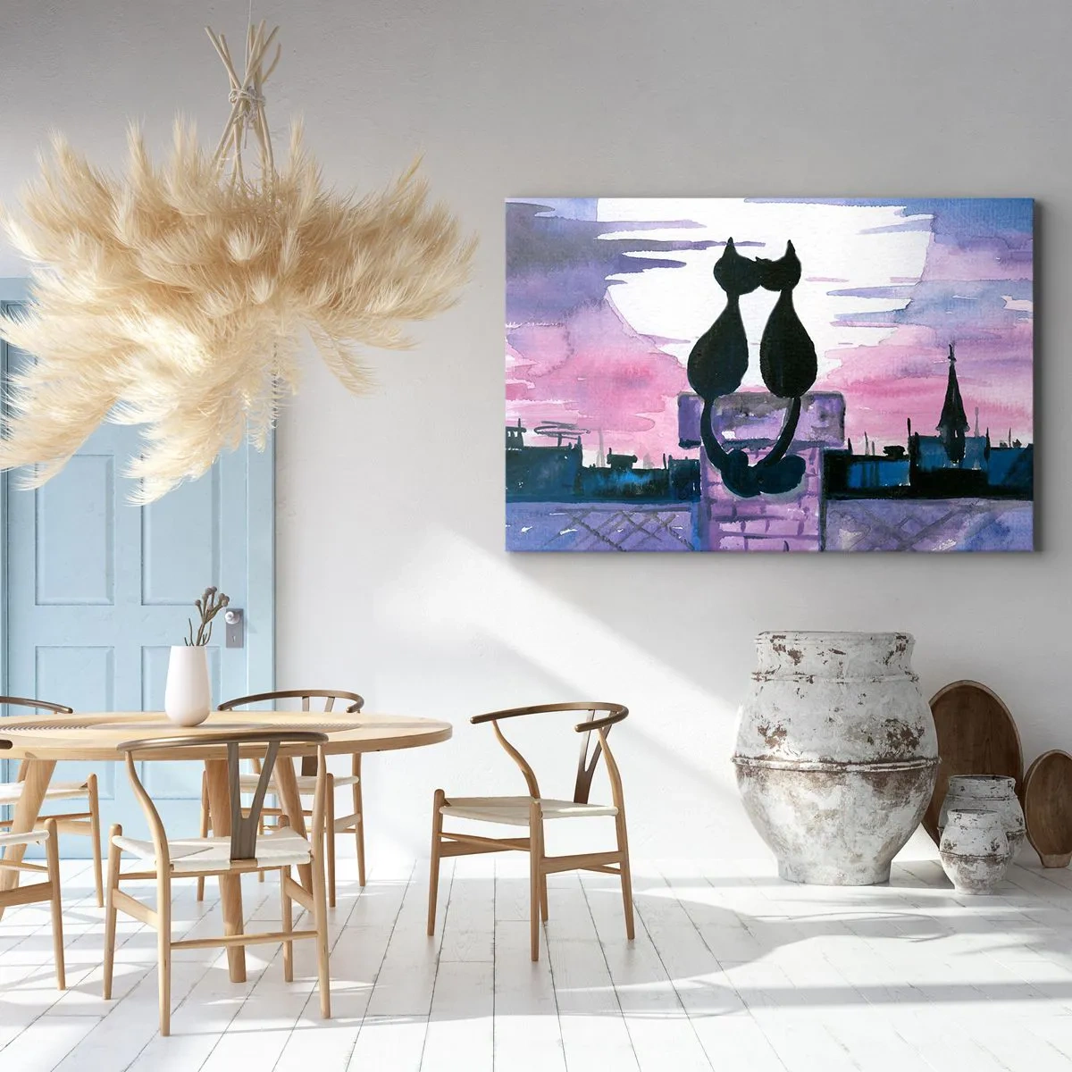 Quadro su tela - Stampe su Tela - Gatti neri su un tetto al chiaro di luna in un ambiente acquerello - 120x80cm - Appuntamento sotto la luna - Decorazione murale moderna per soggiorno e camera da letto ARTTOR