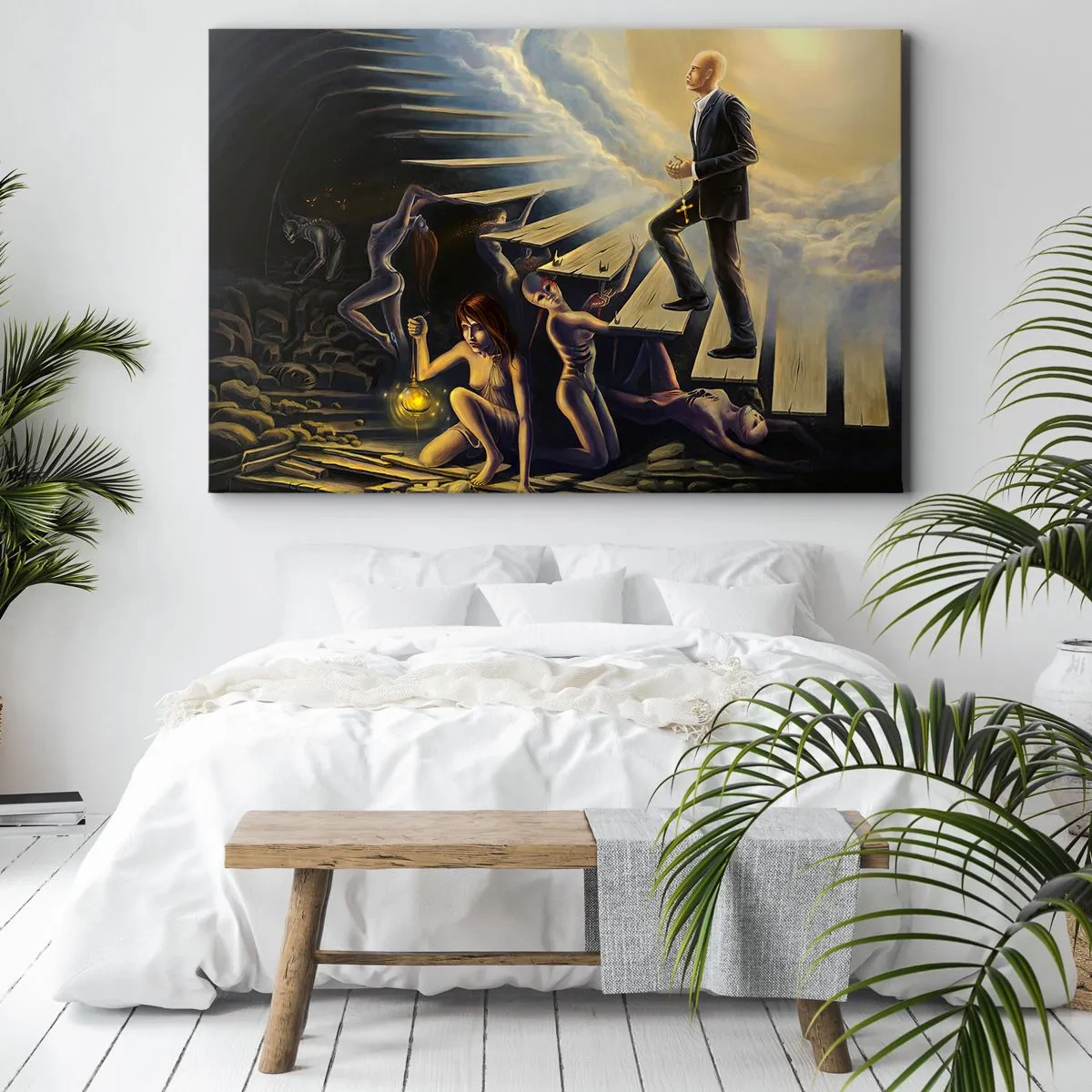 Quadro su tela - Stampe su Tela - Una scena simbolica del percorso verso la luce attraverso una scala fatiscente - 70x50cm - Viaggio dantesco verso la luce - Decorazione murale moderna per soggiorno e camera da letto ARTTOR