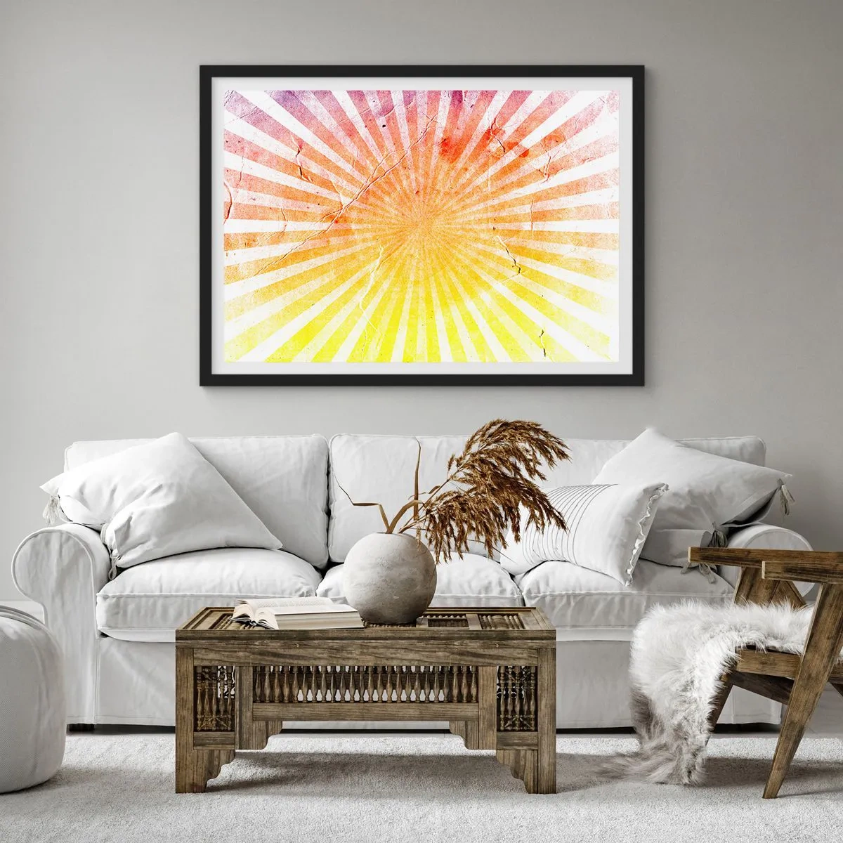 Poster in cornice nera - Raggi di sole nelle tonalità dell'arancione e del giallo - 70x50cm - Albe e tramonti - Decorazione murale moderna per soggiorno e camera da letto ARTTOR