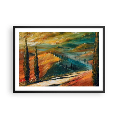 Poster in cornice nera - Paesaggio toscano con campi, strada e cipressi - 70x50cm - Paesaggio toscano - Decorazione murale moderna per soggiorno e camera da letto ARTTOR