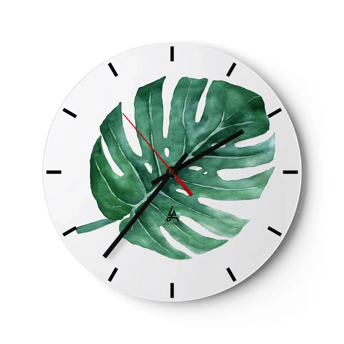Orologio da parete - Orologio in Vetro - Illustrazione ad acquerello di una foglia di monstera - 30x30cm - Concetto verde - Decorazione murale moderna per soggiorno, cucina e camera da letto ARTTOR