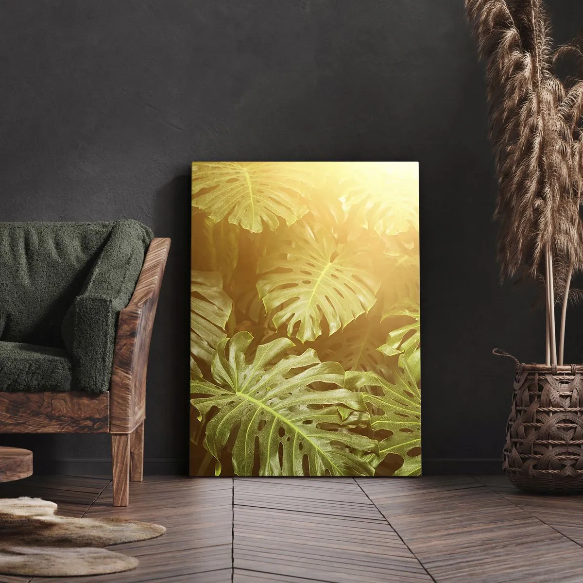 Quadro su tela - Stampe su Tela - Foglie di Monstera alla luce del sole su uno sfondo naturale - 50x70cm - Entrando nel verde... - Decorazione murale moderna per soggiorno e camera da letto ARTTOR