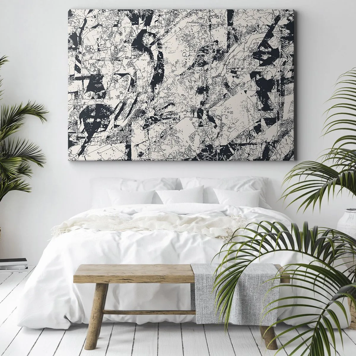 Quadro su tela - Stampe su Tela - Composizione astratta in bianco e nero con un layout dinamico - 70x50cm - La compenetrazione degli opposti - Decorazione murale moderna per soggiorno e camera da letto ARTTOR