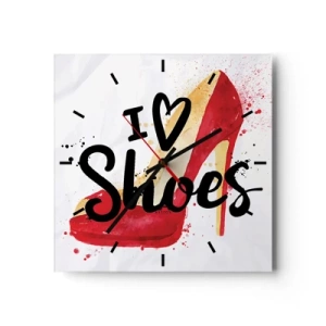 Orologio da parete - Orologio in Vetro - Stiletto rosso con la scritta I love Shoes su sfondo bianco - 30x30cm - Gli amori sono tanti - Decorazione murale moderna per soggiorno e camera da letto ARTTOR