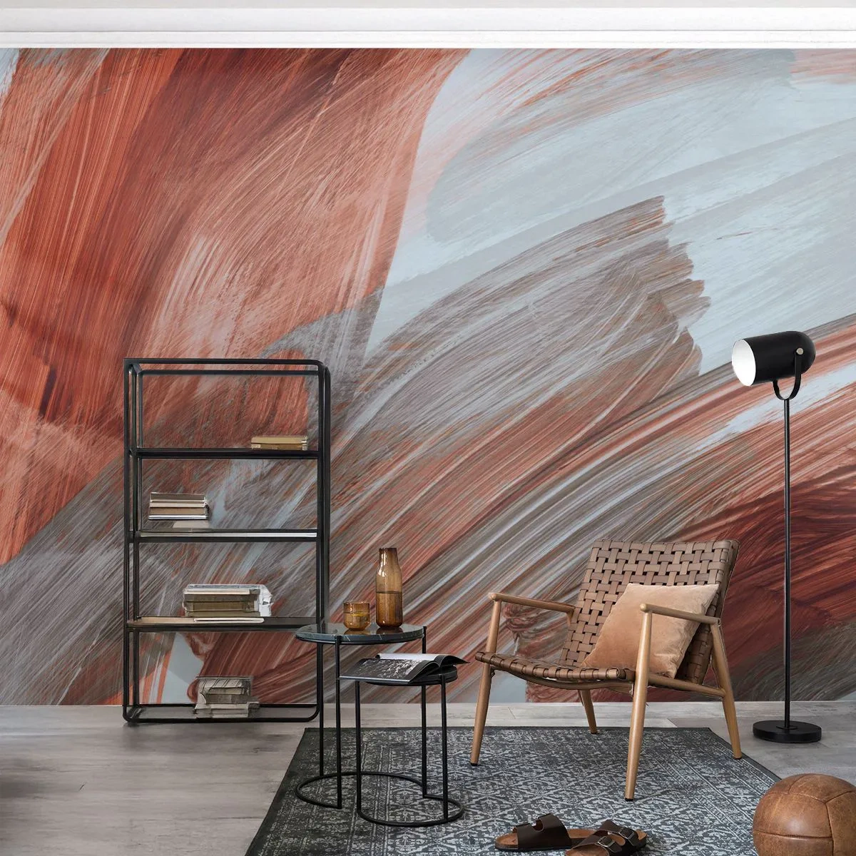 Fotomurali Standard Eco - Pennellate dinamiche nelle tonalità del rosso e del grigio. - 100x70cm - Astrazione autunnale e ventosa - Decorazione murale moderna per soggiorno e camera da letto ARTTOR