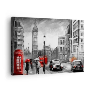 Quadro su tela - Stampe su Tela - Una scena di Londra in bianco e nero con accenti rossi - 70x50cm - Una città per niente grigia - Decorazione murale moderna per soggiorno e camera da letto ARTTOR