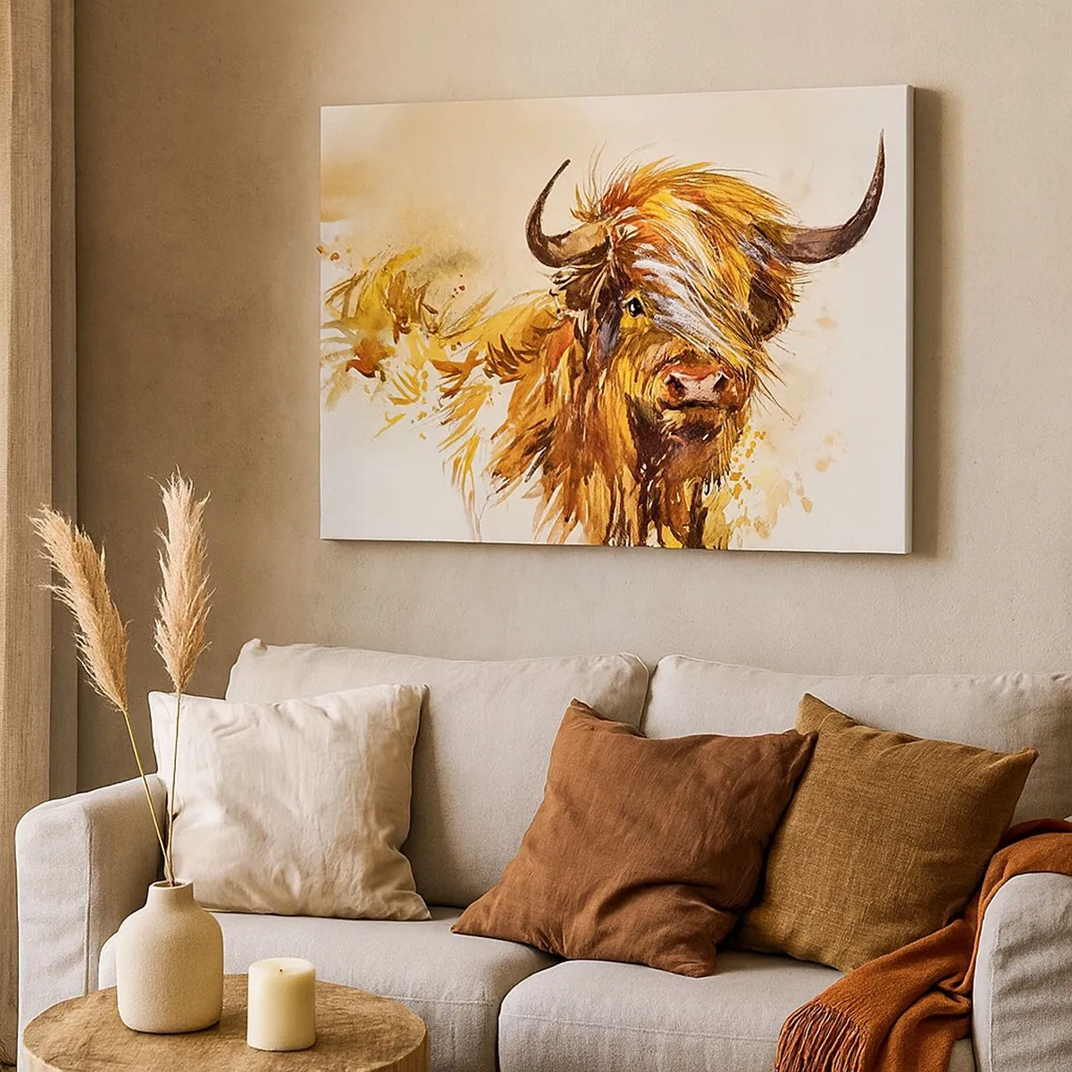 Quadro su tela - Stampe su Tela - Ritratto di un toro in stile acquerello artistico - 70x50cm - L'orgoglio del cacciatore - Decorazione murale moderna per soggiorno e camera da letto ARTTOR