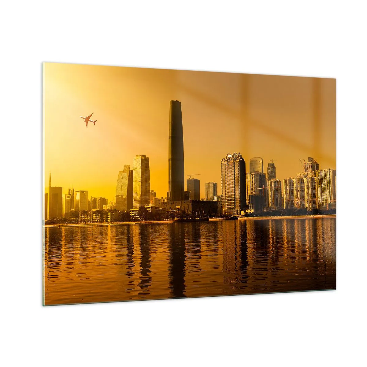 Quadro su vetro - Una città moderna con grattacieli al tramonto - 100x70cm - Città d'oro - Decorazione murale moderna per soggiorno e camera da letto ARTTOR