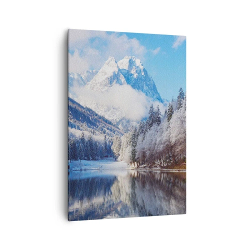 Quadro su tela - Stampe su Tela - Paesaggio montano invernale con alberi innevati e un lago - 70x100cm - Il custode innevato - Decorazione murale moderna per soggiorno e camera da letto ARTTOR